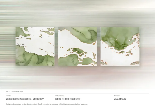 Sage Marble Ink Triptych, 80 x 80 cm Each in olive — dimensions
