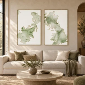 Sage Marble Ink Diptych with Gold Edge, 80 x 120 cm Each in olive — front view