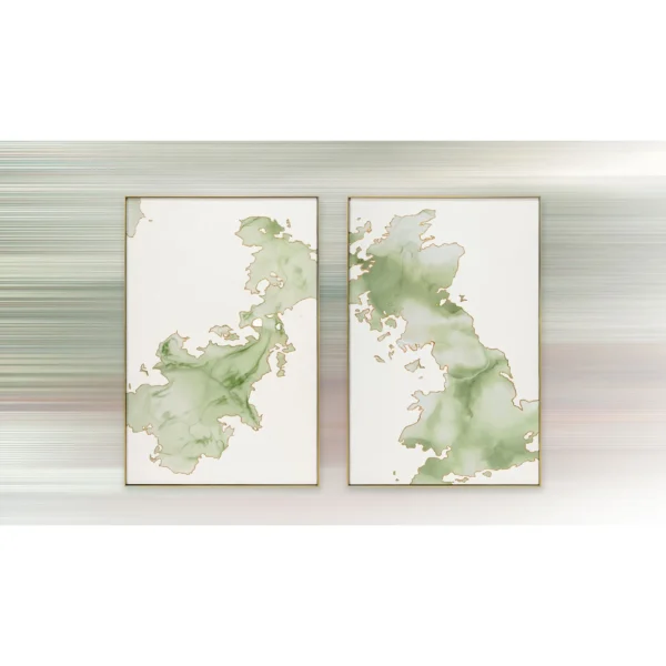 Sage Marble Ink Diptych with Gold Edge, 80 x 120 cm Each in olive — in a room setting