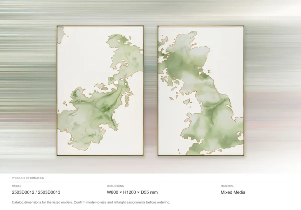 Sage Marble Ink Diptych with Gold Edge, 80 x 120 cm Each in olive — dimensions