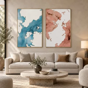 Teal and Coral Marble Ink Diptych in blue — front view