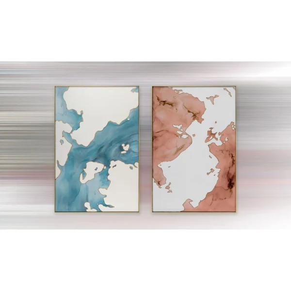 Teal and Coral Marble Ink Diptych in blue — in a room setting