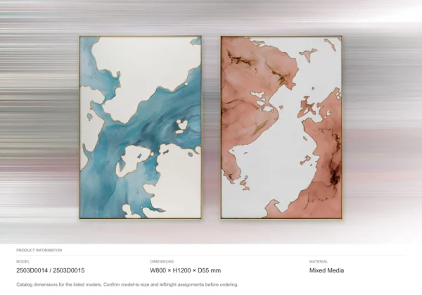 Teal and Coral Marble Ink Diptych in blue — dimensions