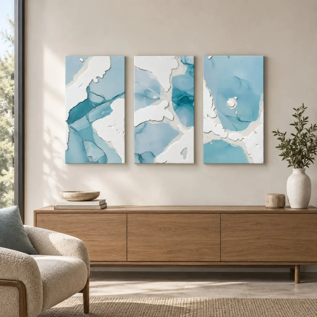 Blue Marble Ink Triptych with Gold Edge, 25 x 45 cm Each in blue — front view