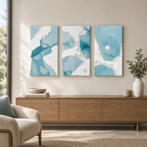 Blue Marble Ink Triptych with Gold Edge, 25 x 45 cm Each in blue — front view