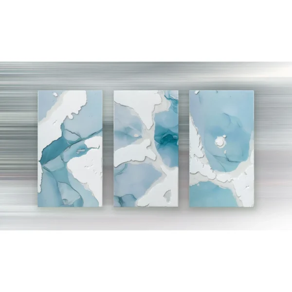 Blue Marble Ink Triptych with Gold Edge, 25 x 45 cm Each in blue — in a room setting