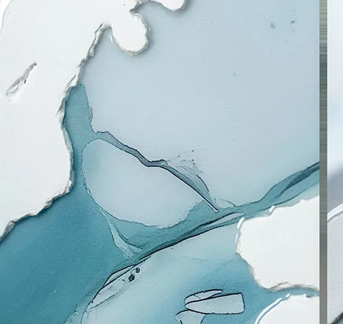 Blue Marble Ink Triptych with Gold Edge, 25 x 45 cm Each in blue — detail