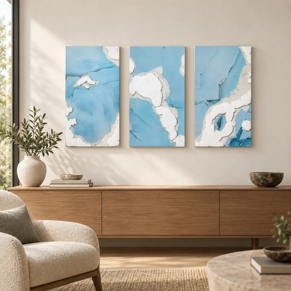 Blue Marble Ink Triptych in blue — front view
