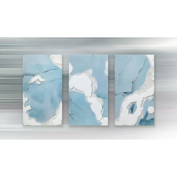 Blue Marble Ink Triptych in blue — in a room setting