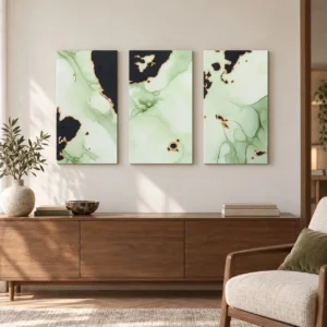 Sage and Black Marble Ink Triptych in olive — front view