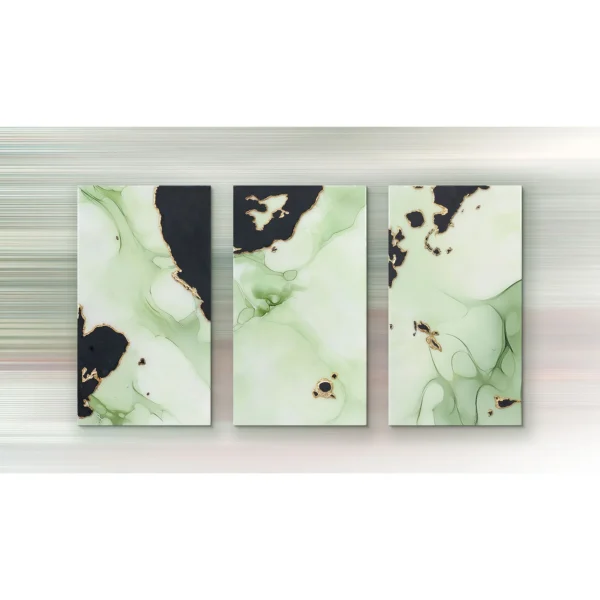 Sage and Black Marble Ink Triptych in olive — in a room setting