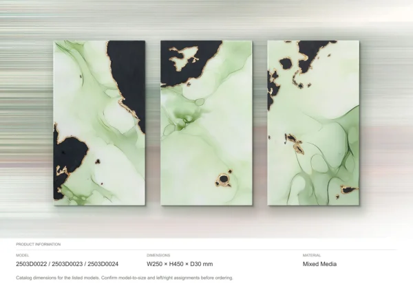 Sage and Black Marble Ink Triptych in olive — dimensions