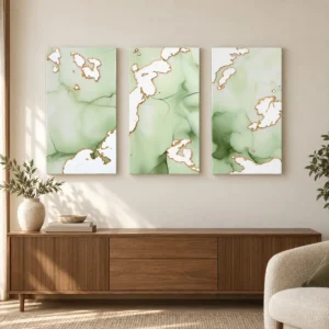 Sage and White Marble Ink Triptych in olive — front view