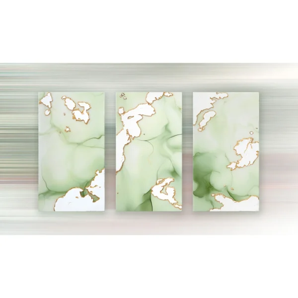 Sage and White Marble Ink Triptych in olive — in a room setting