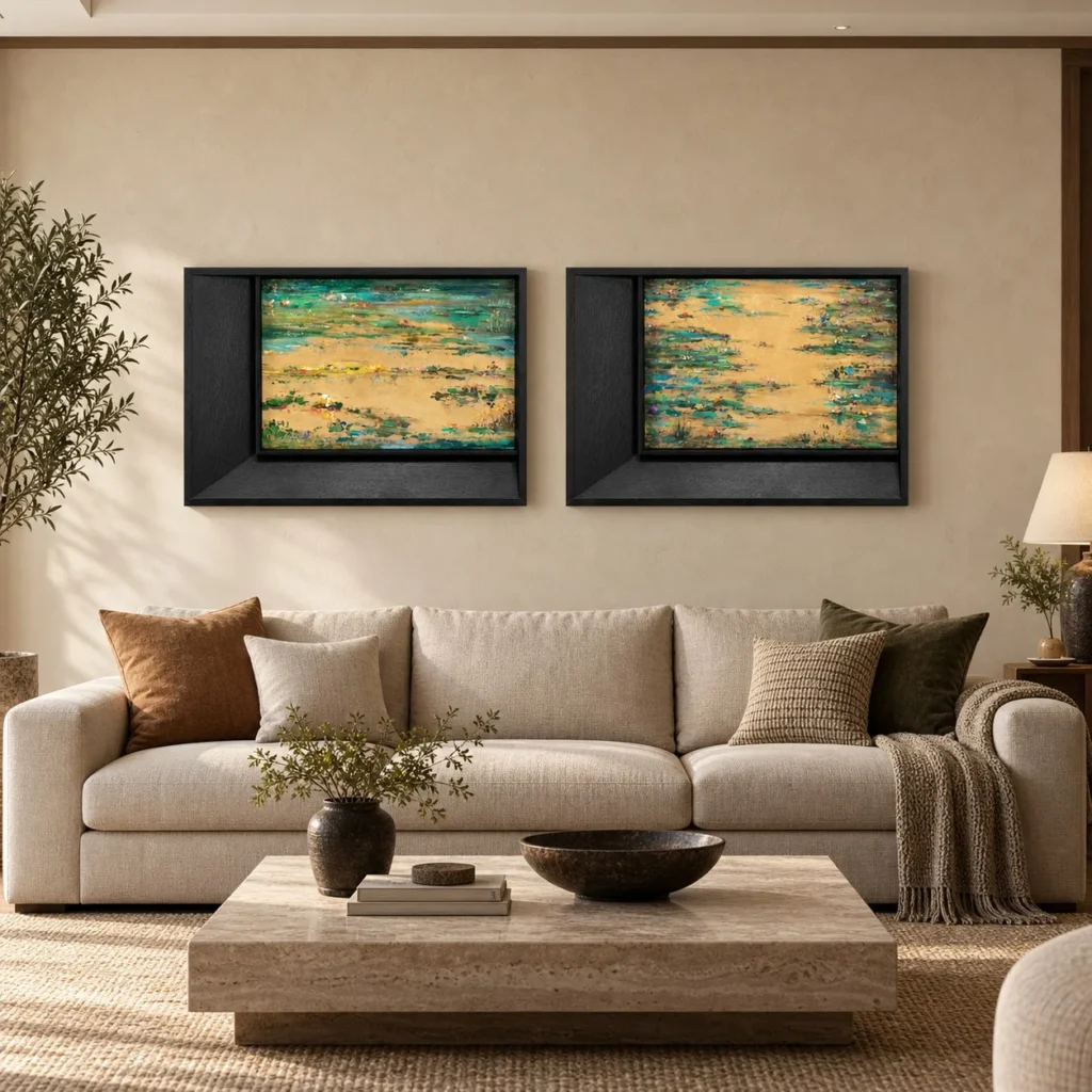 Gold and Teal Lily Pond Relief Set of 2, 65 x 45 cm Each in brushed brass — front view