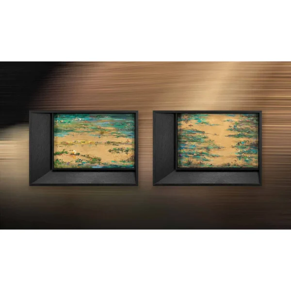 Gold and Teal Lily Pond Relief Set of 2, 65 x 45 cm Each in brushed brass — in a room setting