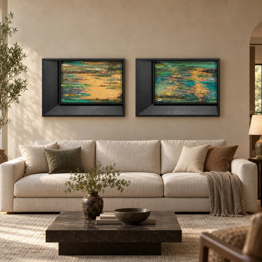 Gold and Teal Horizon Relief Set of 2, 65 x 45 cm Each in brushed brass — front view