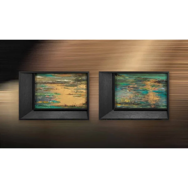 Gold and Teal Horizon Relief Set of 2, 65 x 45 cm Each in brushed brass — in a room setting