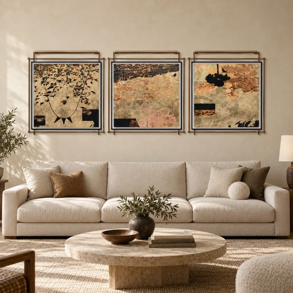 Gold Landscape Set of 3 on Brass Rails, 80 x 85 cm Each in brushed brass — front view