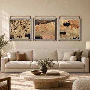 Gold Landscape Set of 3 on Brass Rails, 80 x 85 cm Each in brushed brass — front view