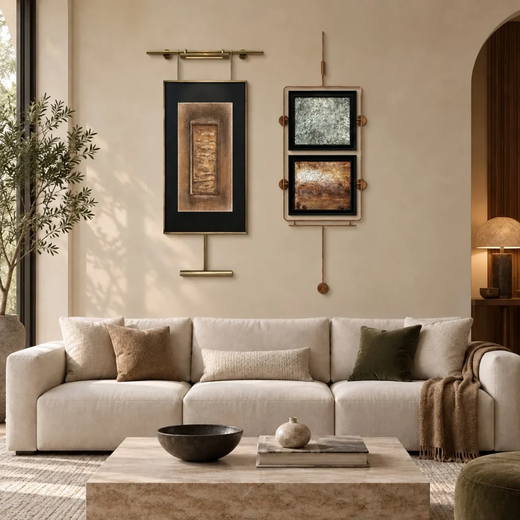 Metal Frame Wall Art Set of 2 on Brass Rods, 70 cm Wide in brushed brass — front view