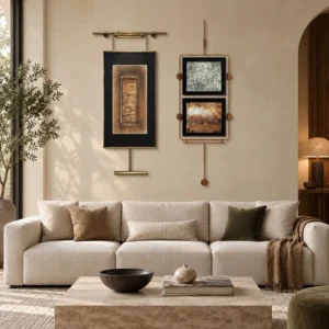 Metal Frame Wall Art Set of 2 on Brass Rods, 70 cm Wide in brushed brass — front view