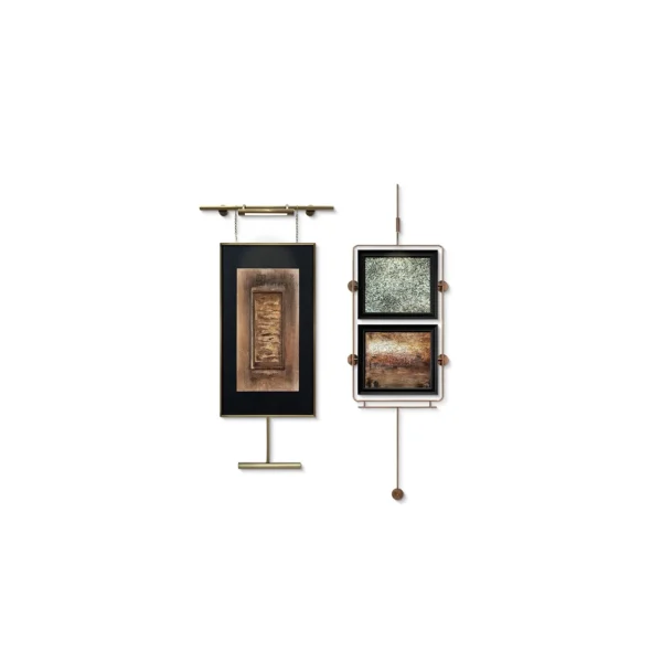 Metal Frame Wall Art Set of 2 on Brass Rods, 70 cm Wide in brushed brass — in a room setting