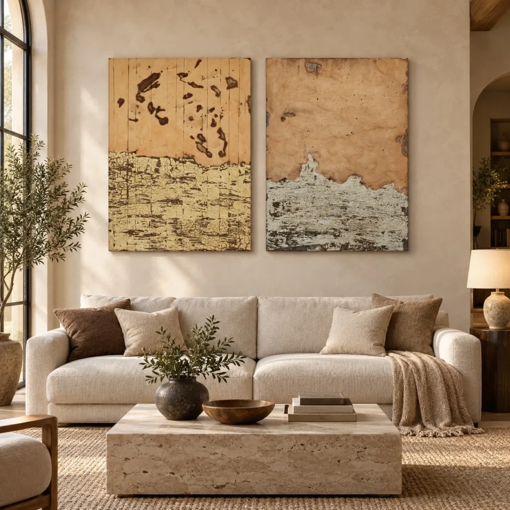 Peach and Sand Eroded Panel Set of 2, 90 x 120 cm Each in rust — front view