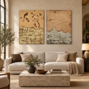 Peach and Sand Eroded Panel Set of 2, 90 x 120 cm Each in rust — front view