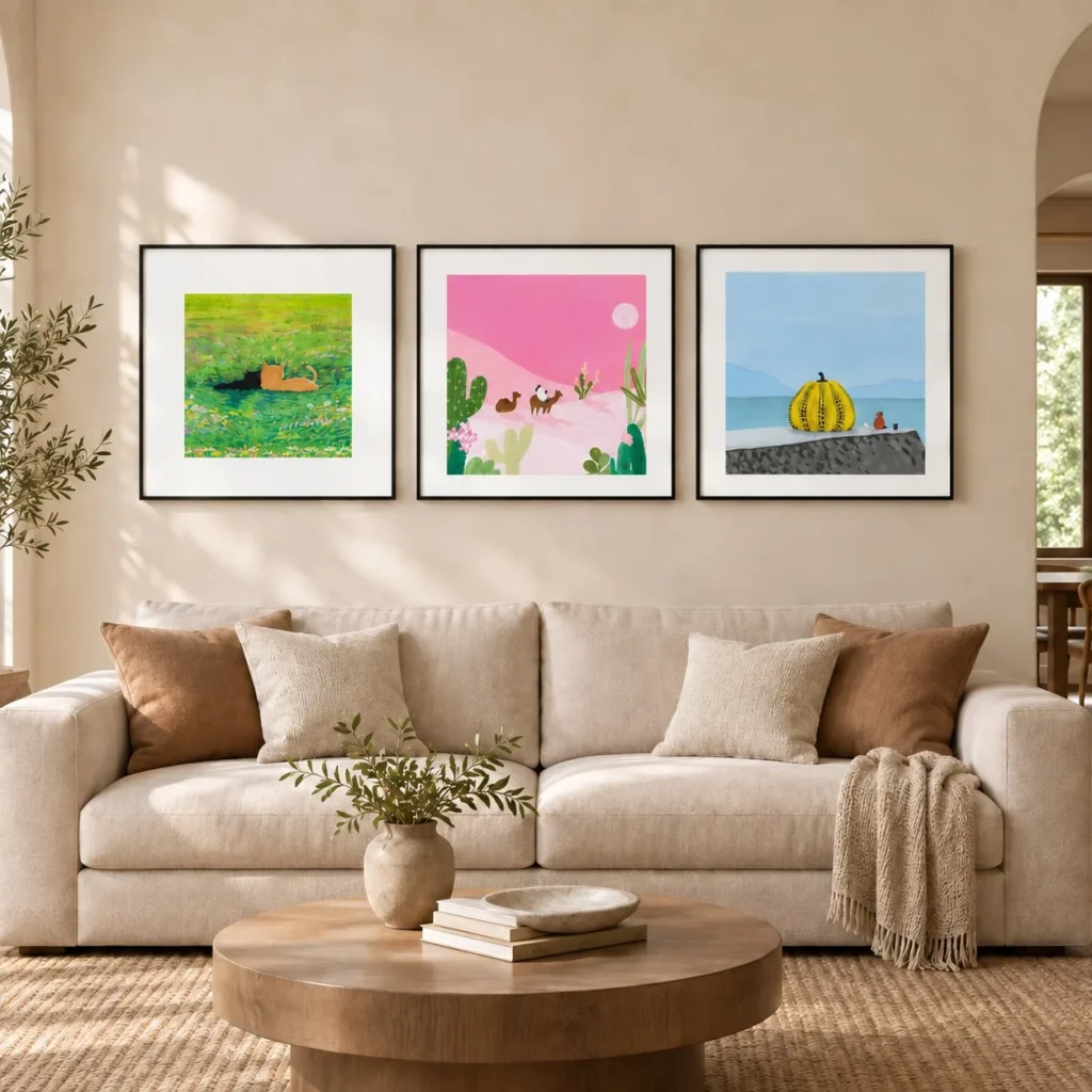 Playful Landscape Print Set of 3 in olive — front view