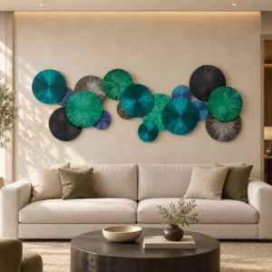 Teal and Green Lotus Leaf Disc Wall Sculpture Set, 220 x 80 in blue — front view