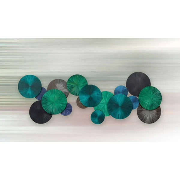 Teal and Green Lotus Leaf Disc Wall Sculpture Set, 220 x 80 in blue — in a room setting