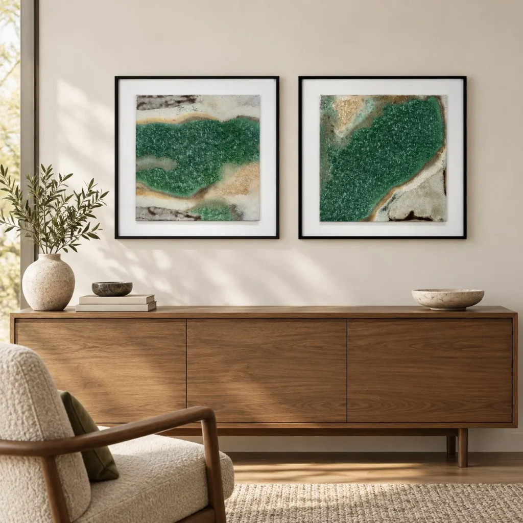 Malachite Fragment Set of 2 in Black Frames, 38 x 38 cm Each — front view