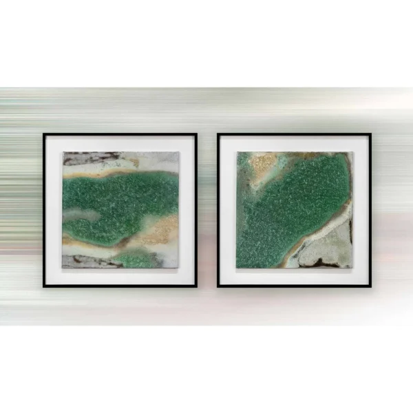 Malachite Fragment Set of 2 in Black Frames, 38 x 38 cm Each — in a room setting
