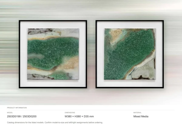 Malachite Fragment Set of 2 in Black Frames, 38 x 38 cm Each — dimensions