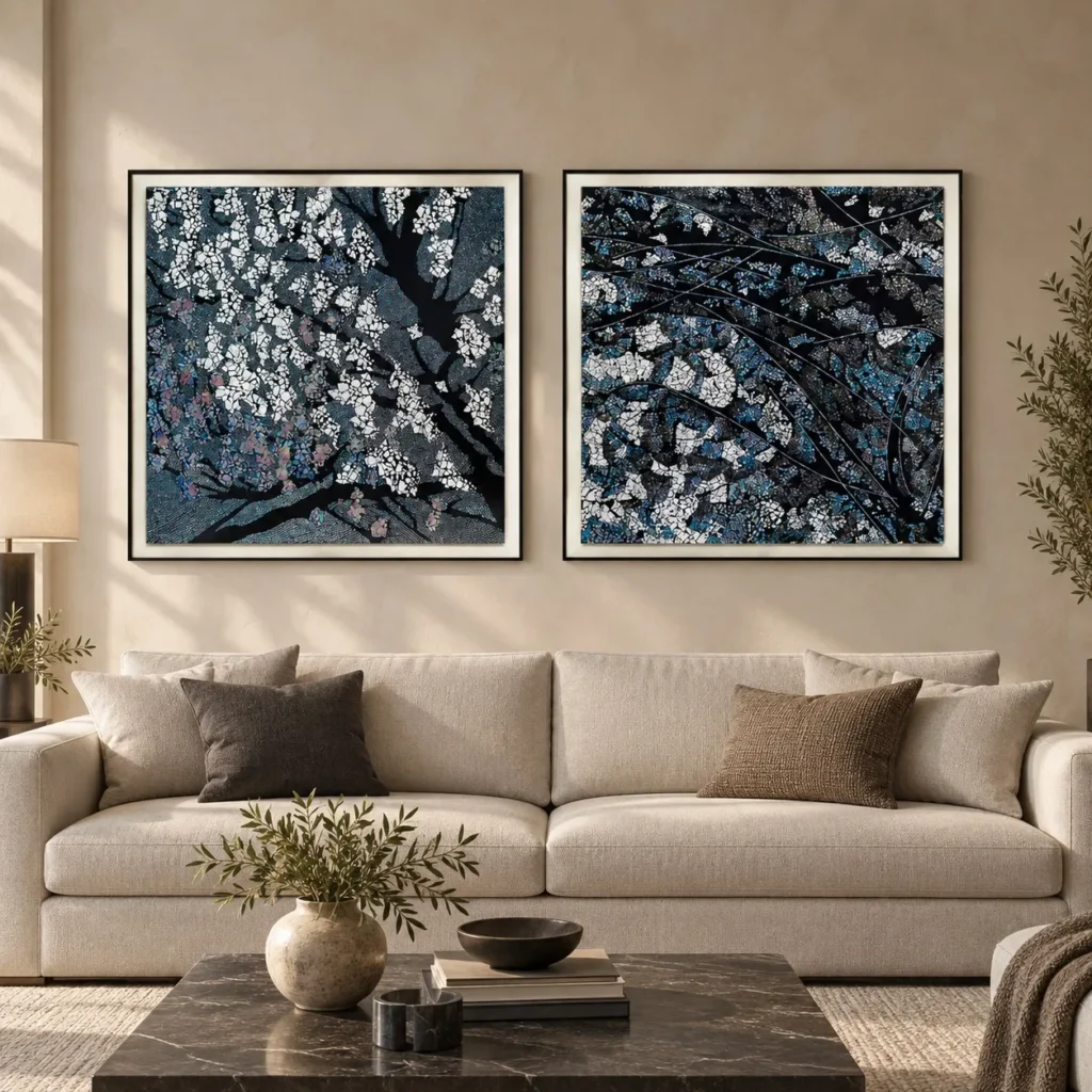 Blossom on Black Mosaic Set of 2, 100 x 100 cm Each in black — front view