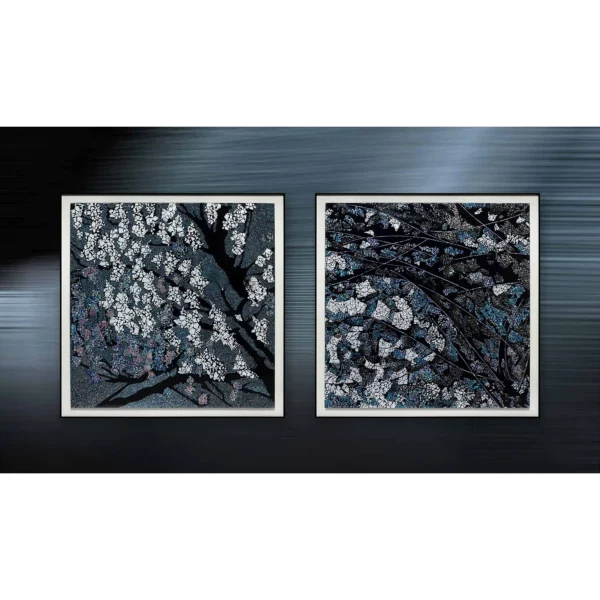 Blossom on Black Mosaic Set of 2, 100 x 100 cm Each in black — in a room setting