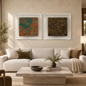 Verdigris and Gold Speckle Panel Set of 2, 80 x 80 cm Each in olive — front view