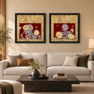 Mother of Pearl Chrysanthemum Set of 2 in Gold and Red — front view