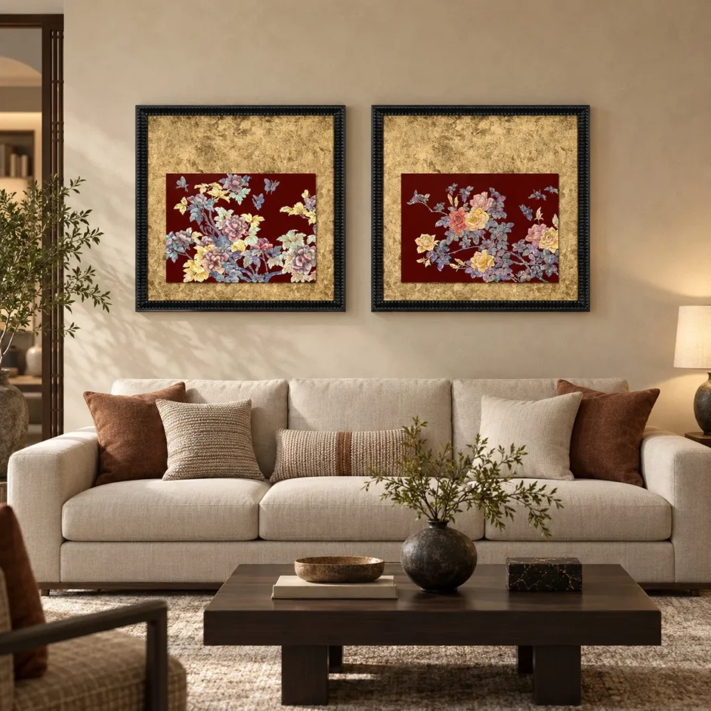 Mother of Pearl Peony Set of 2 in brushed brass — front view