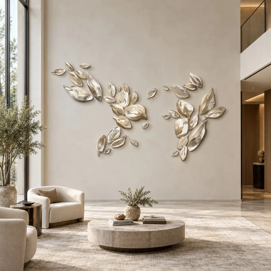 Silver Leaf Cluster Wall Sculpture Set, 300 x 130 cm in silver — front view