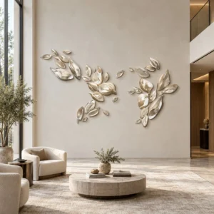 Silver Leaf Cluster Wall Sculpture Set, 300 x 130 cm in silver — front view
