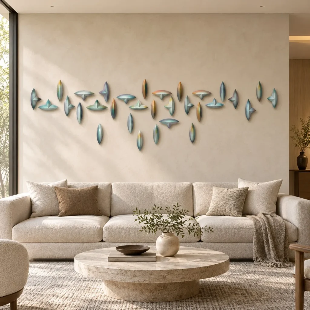 Teal Leaf Cluster Wall Sculpture Set, 280 x 80 cm in blue — front view