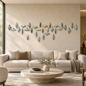 Teal Leaf Cluster Wall Sculpture Set, 280 x 80 cm in blue — front view