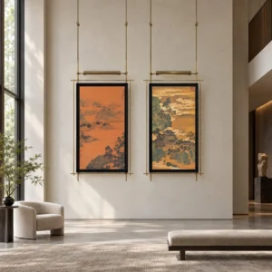 Landscape Panel Set of 2 on Brass Rods, 84 x 224 cm Overall in rust — front view
