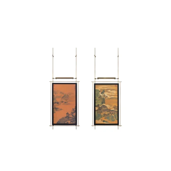 Landscape Panel Set of 2 on Brass Rods, 84 x 224 cm Overall in rust — in a room setting