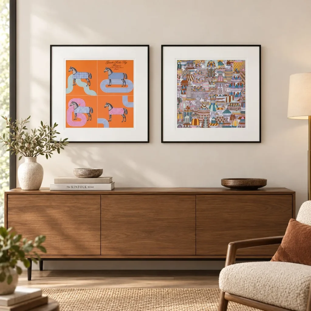 Framed Silk Scarf Print Set of 2 in rust — front view
