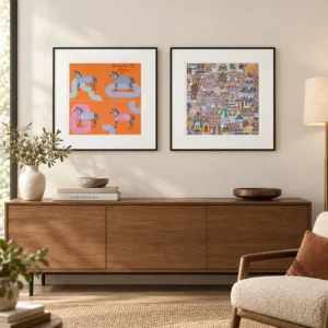 Framed Silk Scarf Print Set of 2 in rust — front view