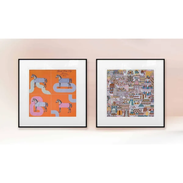 Framed Silk Scarf Print Set of 2 in rust — in a room setting