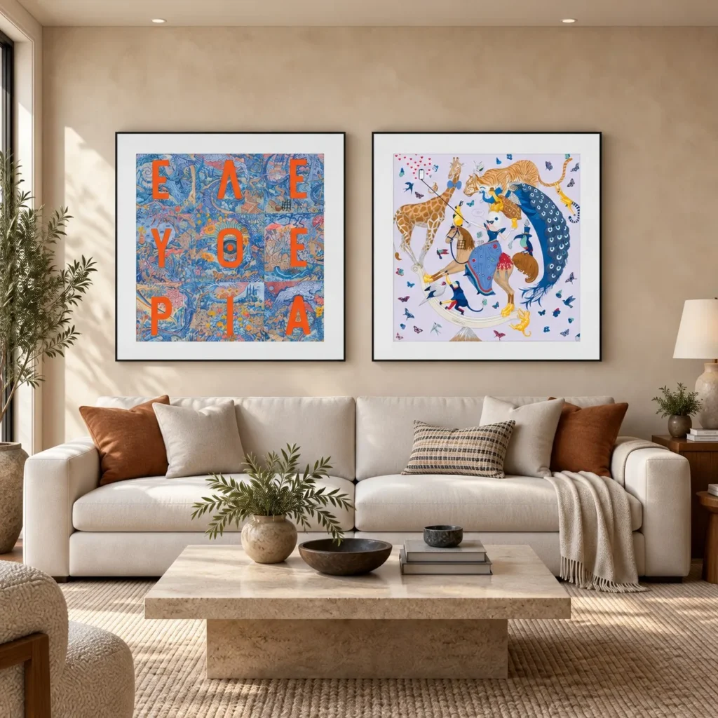 Framed Scarf Print Set of 2 with Letters and Animals in blue — front view